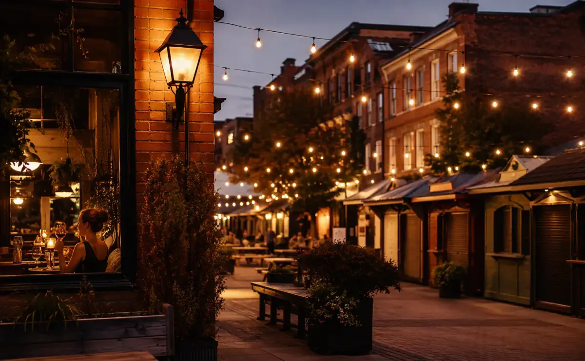 ByWard Market courtyard in the evening with string lights and bistro windows