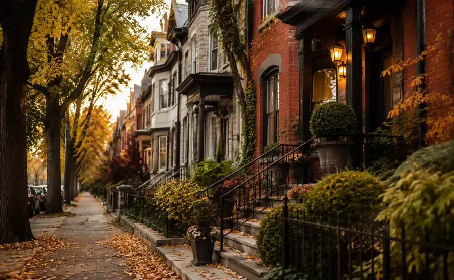 Tree-lined Centretown street with heritage townhouses in golden light