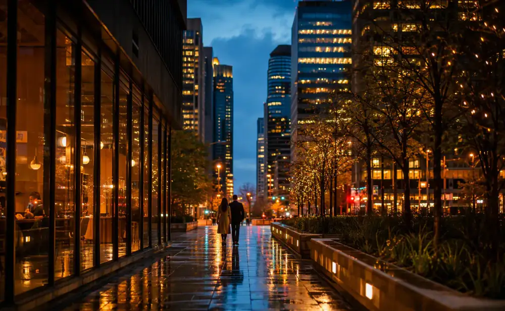 Downtown Ottawa street at blue hour with warm lights and reflections