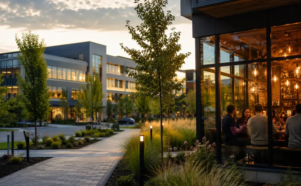 Modern Kanata streetscape with a stylish cafe in evening light