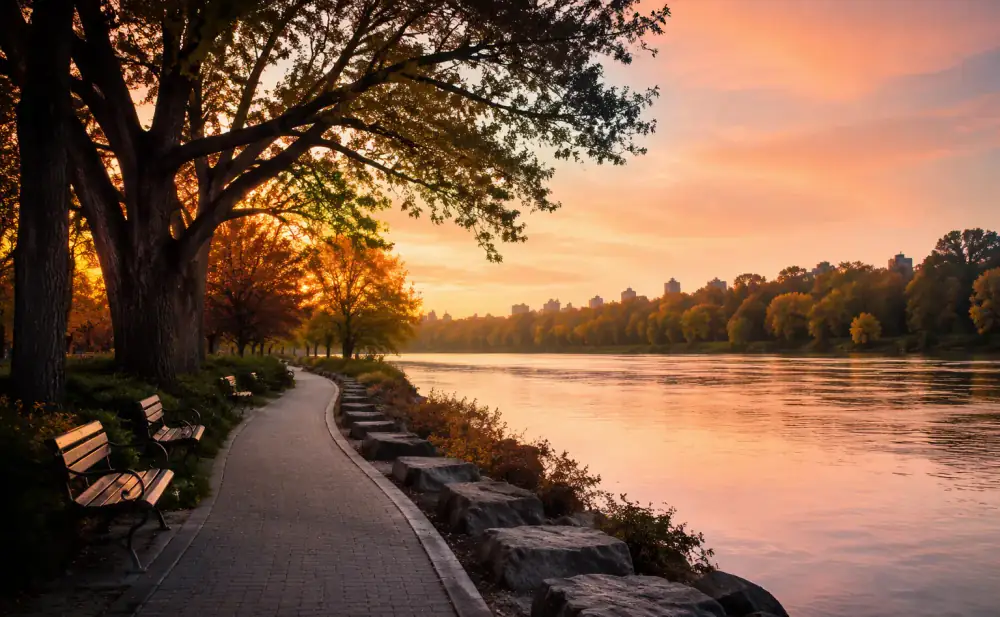 Peaceful Nepean riverside at sunset with a walking path