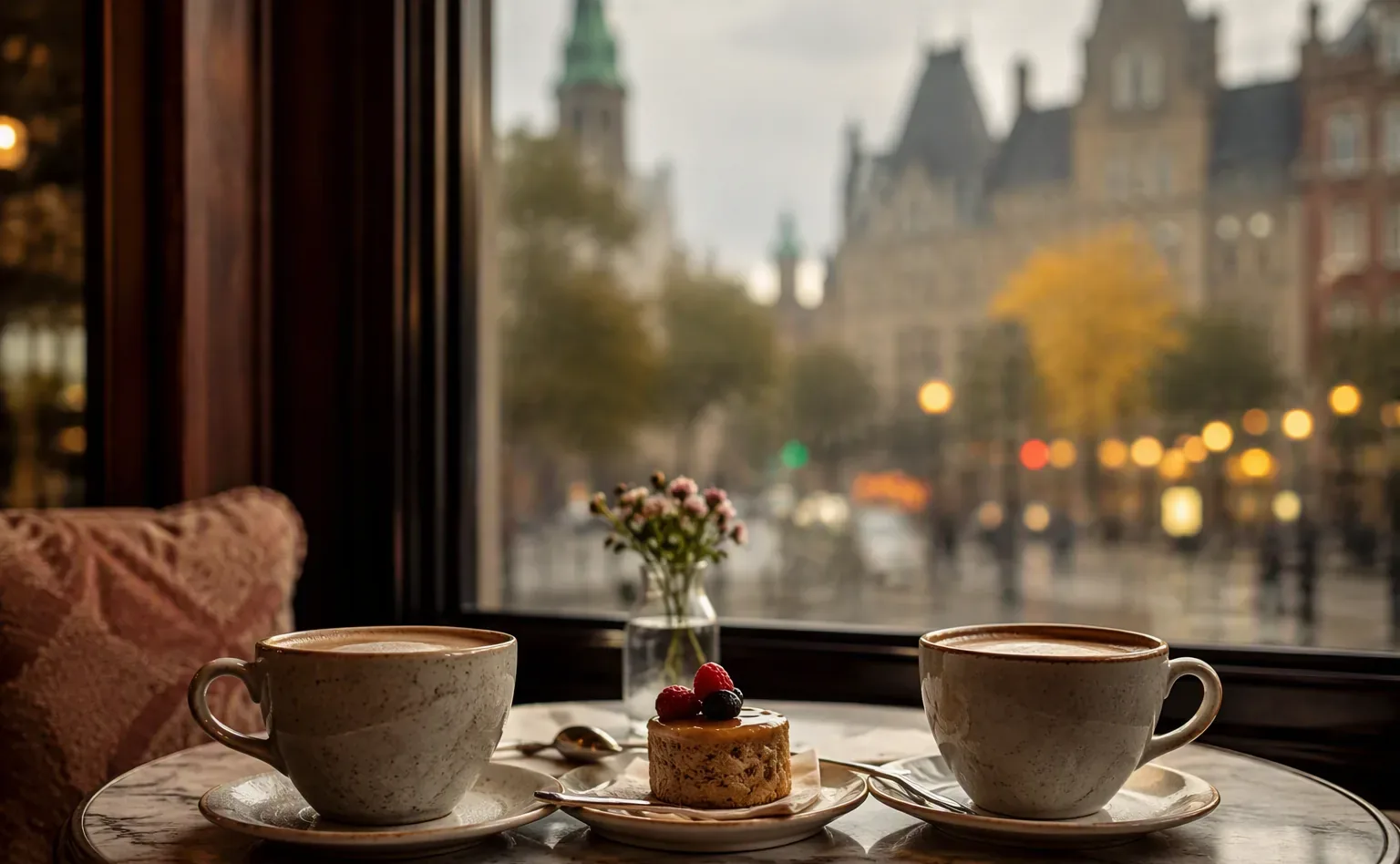 Two coffees and a shared dessert on a marble cafe table by a window