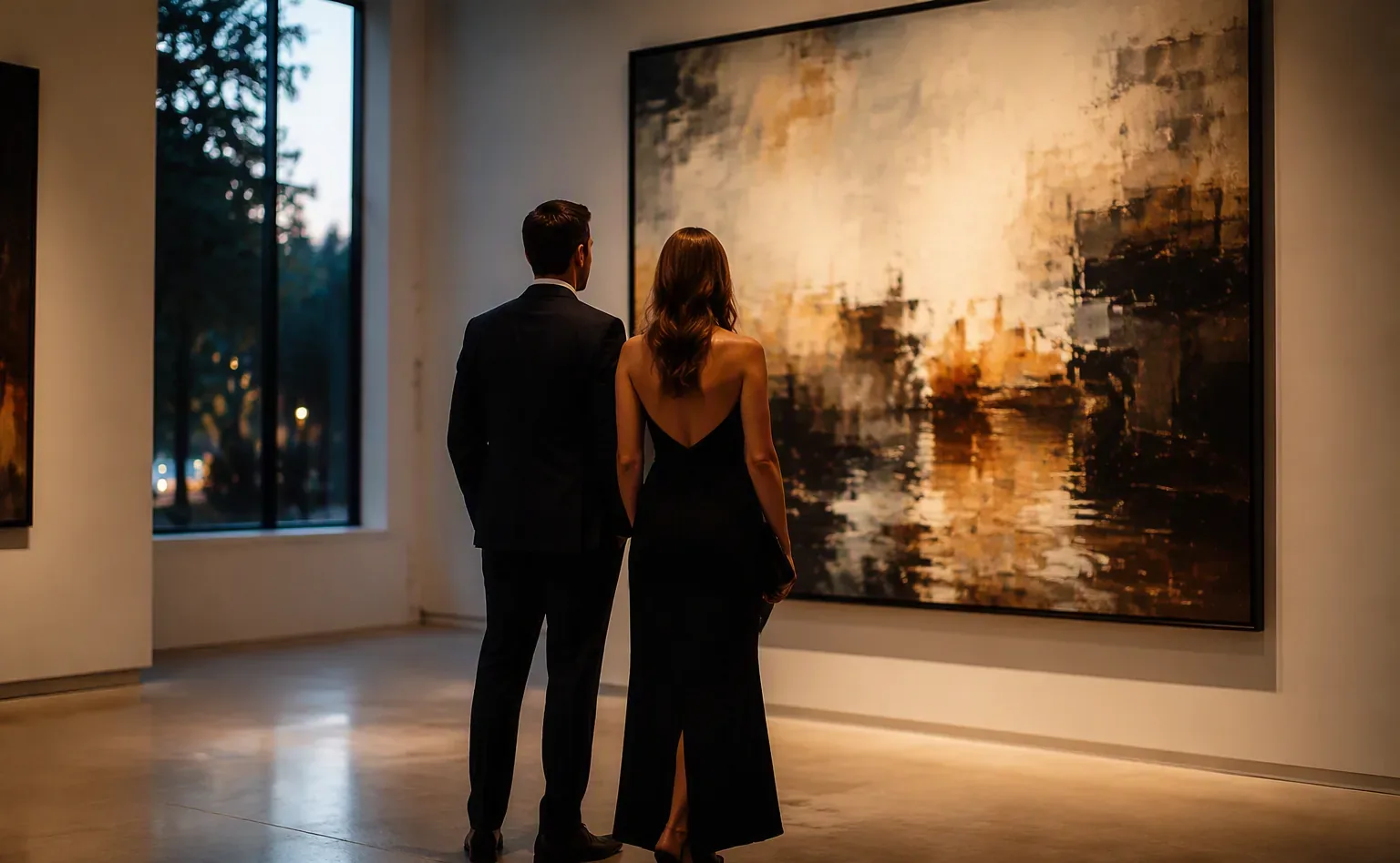 Couple admiring a painting together in a warm-lit art gallery