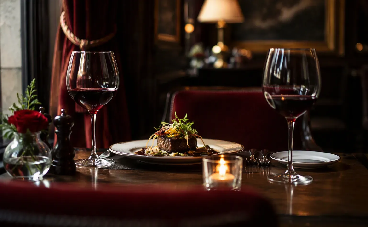 Candlelit fine-dining table for two with red wine in an upscale Ottawa restaurant