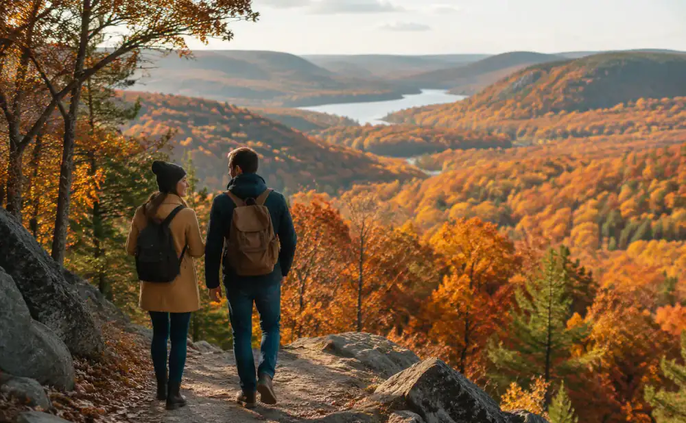 Couple walking a lookout trail above autumn colours in the Gatineau Hills