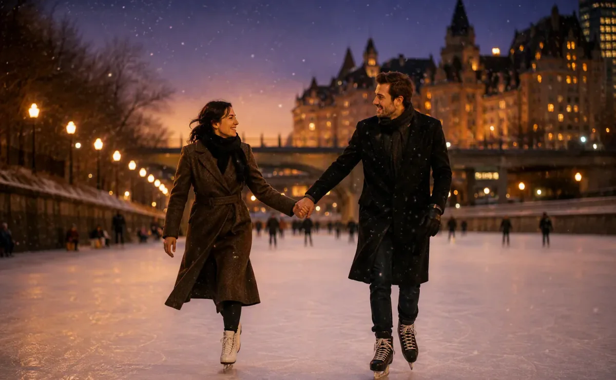 Couple skating hand in hand on the Rideau Canal skateway at twilight