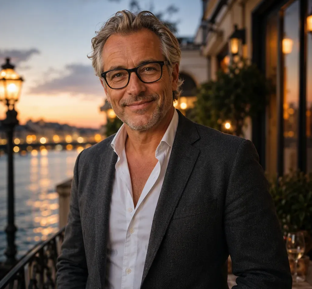 Portrait of James, a verified Nepean sugar daddy member on a riverside terrace at dusk