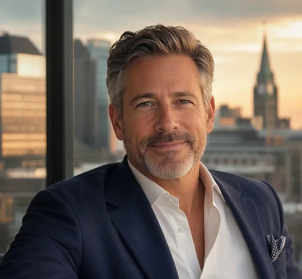 Portrait of Marc, a verified Ottawa sugar daddy member in a navy blazer
