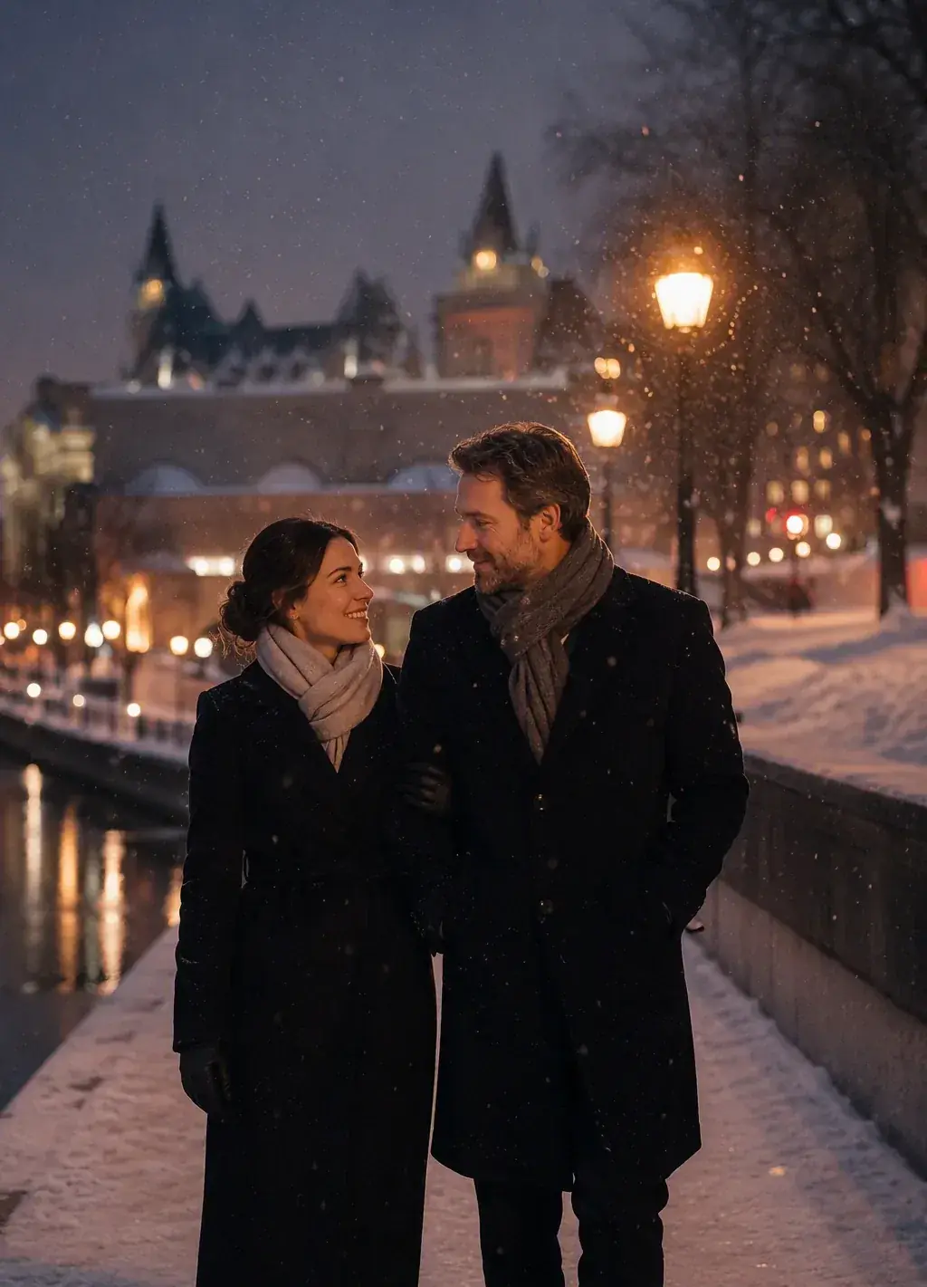 Elegant couple walking together along the Rideau Canal on a snowy winter evening