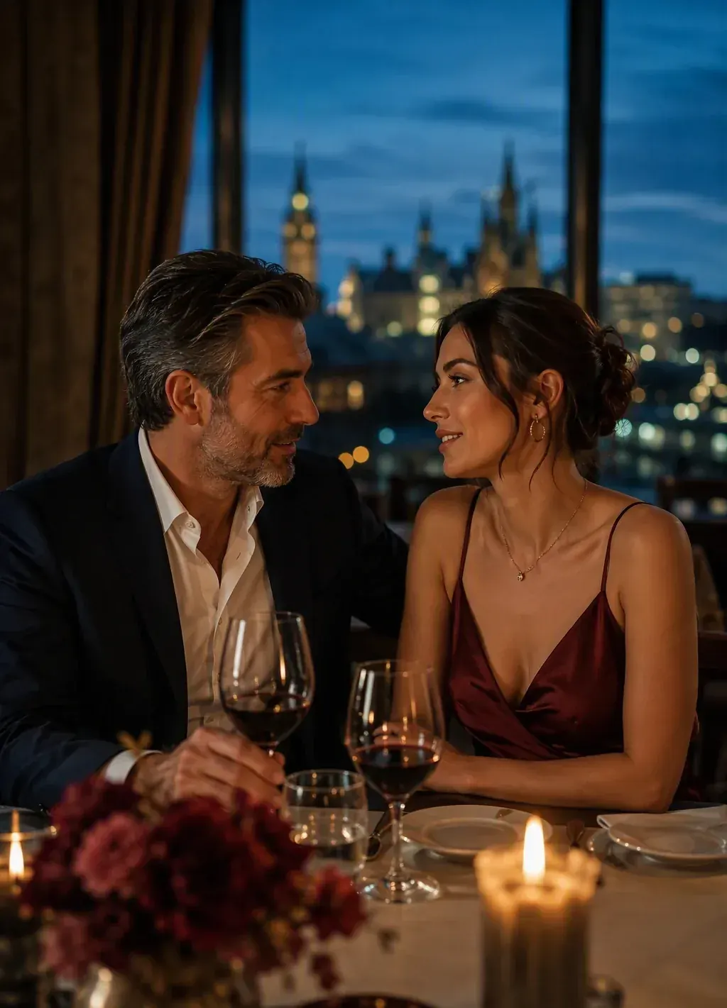 Elegant couple sharing wine at an upscale downtown Ottawa restaurant with the Parliament skyline glowing through the window