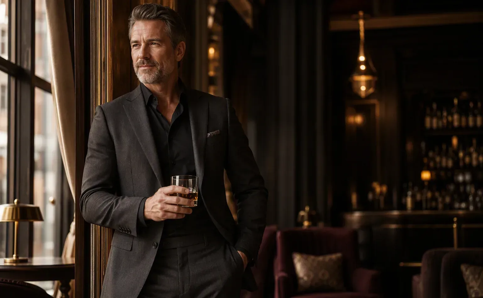 Confident Ottawa professional in a tailored suit relaxing in an upscale hotel lounge